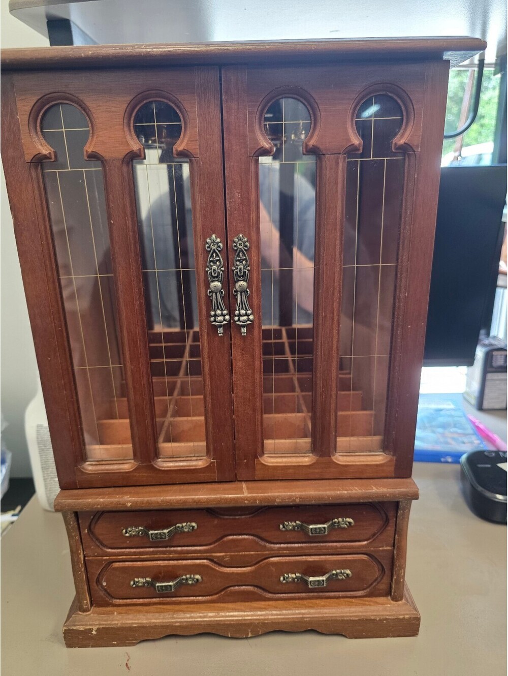 Vintage Wooden Jewelry Box with Mirror and Multiple Compartments